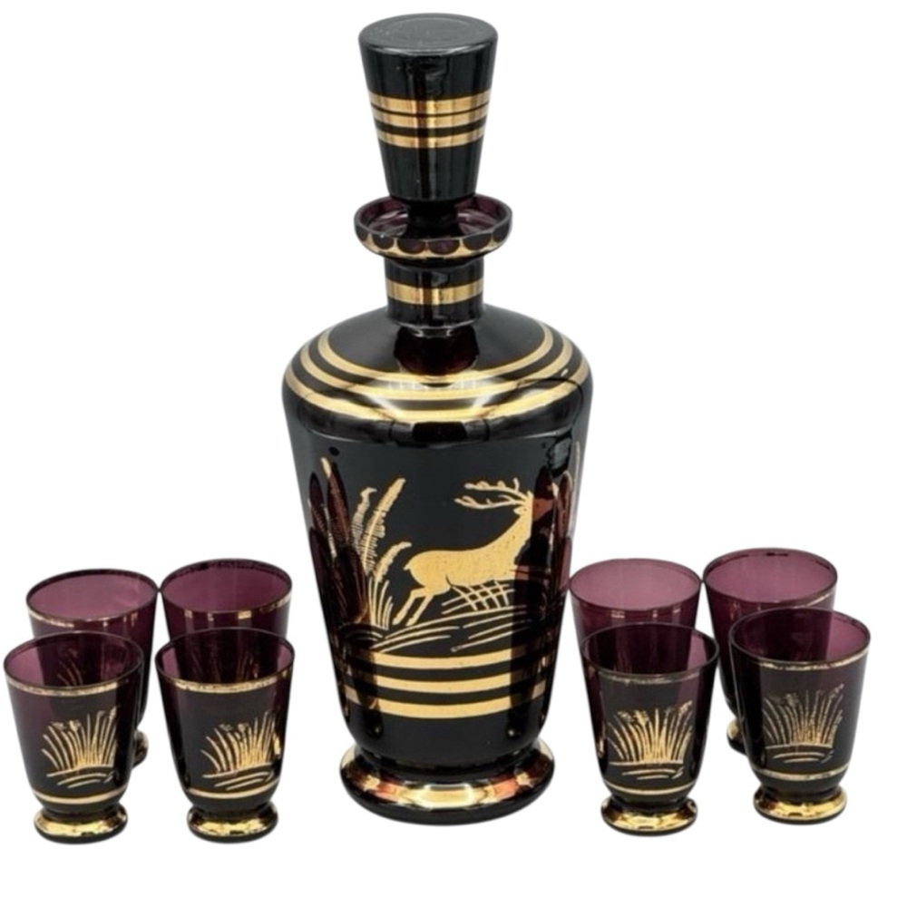 Bohemian Amethyst Decanter with Gold Gilded Stag and Wheat, 8 Shot Glasses